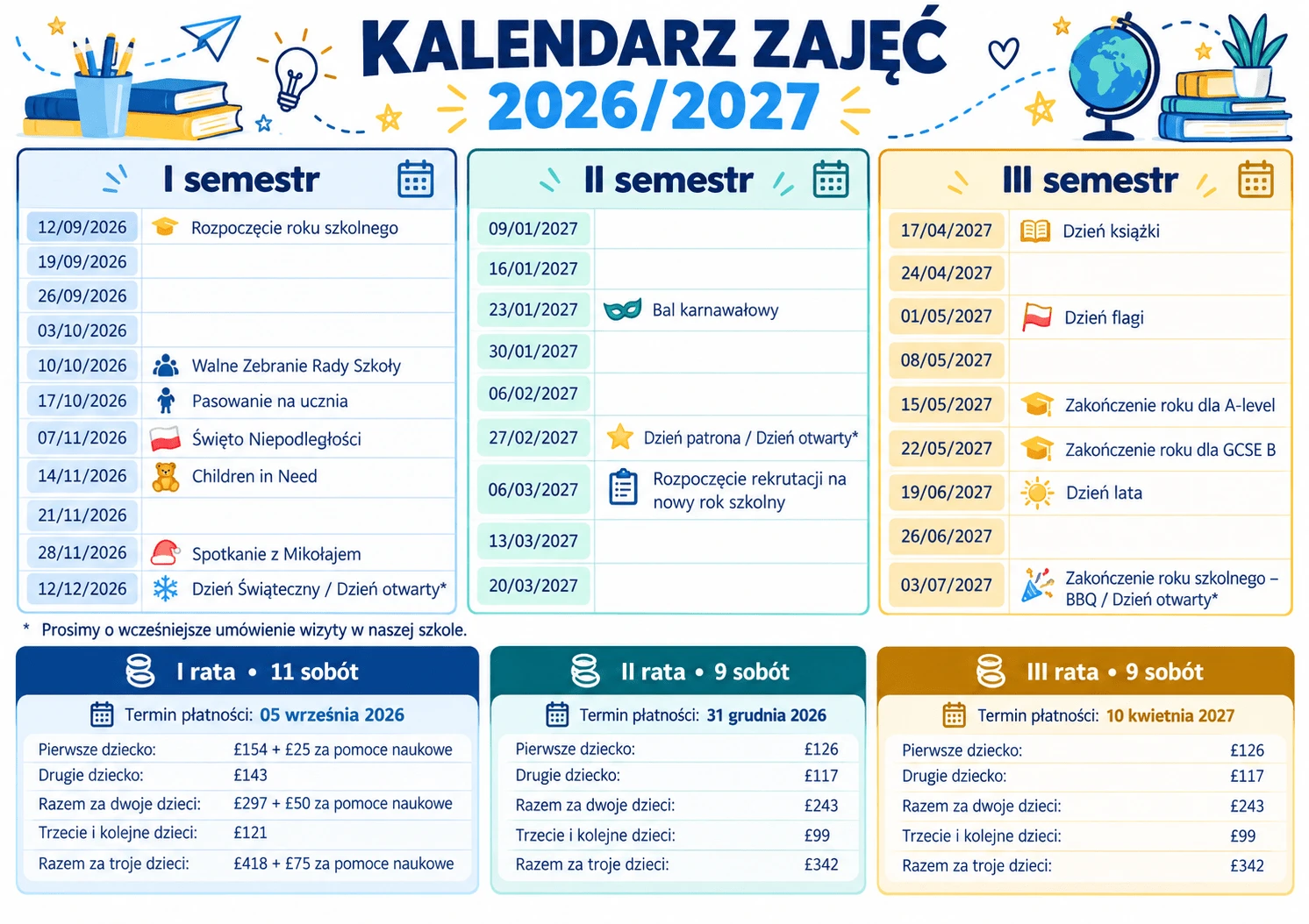 Oficjalny kalendarz zajęć 2026/2027: 29 sobót, wydarzenia i trzy raty opłat.