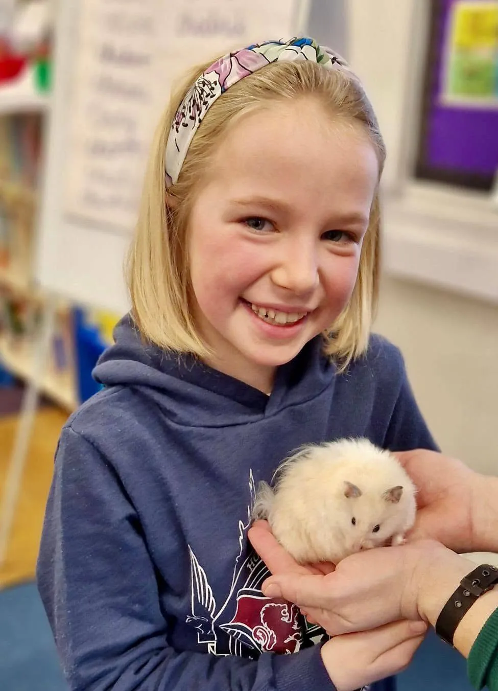 A laughing girl holds Coco the hamster with the help of an adult; in the background, the class noticeboard.