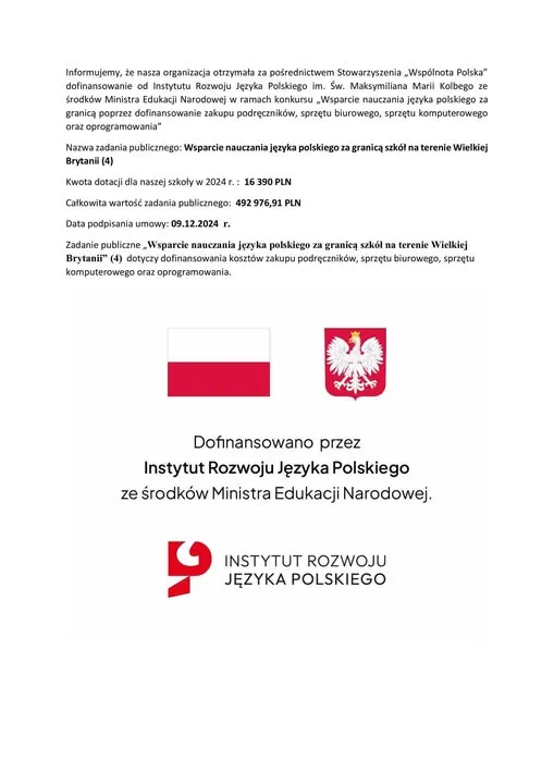 Plansza informacyjna z flagą i godłem Polski oraz logo Instytutu Rozwoju Języka Polskiego o dofinansowaniu.