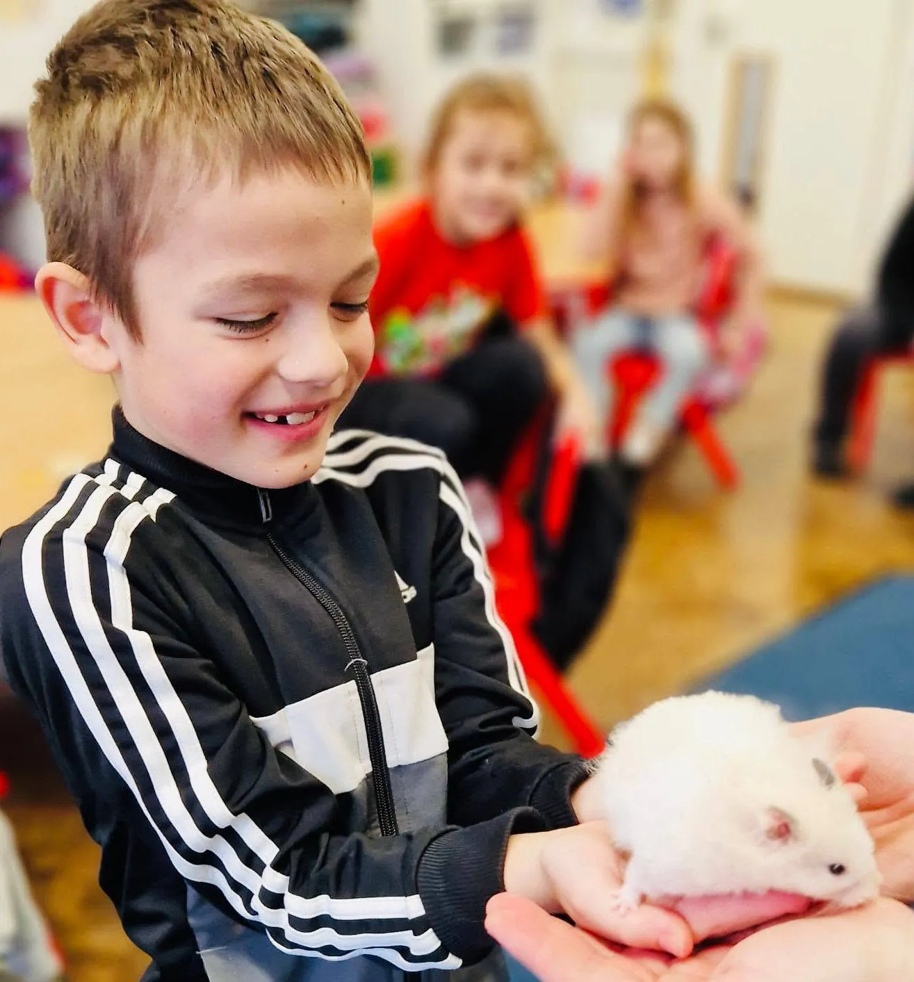 A smiling pupil holds Coco the hamster in his hands; in the background, classmates sit on the carpet in the classroom.