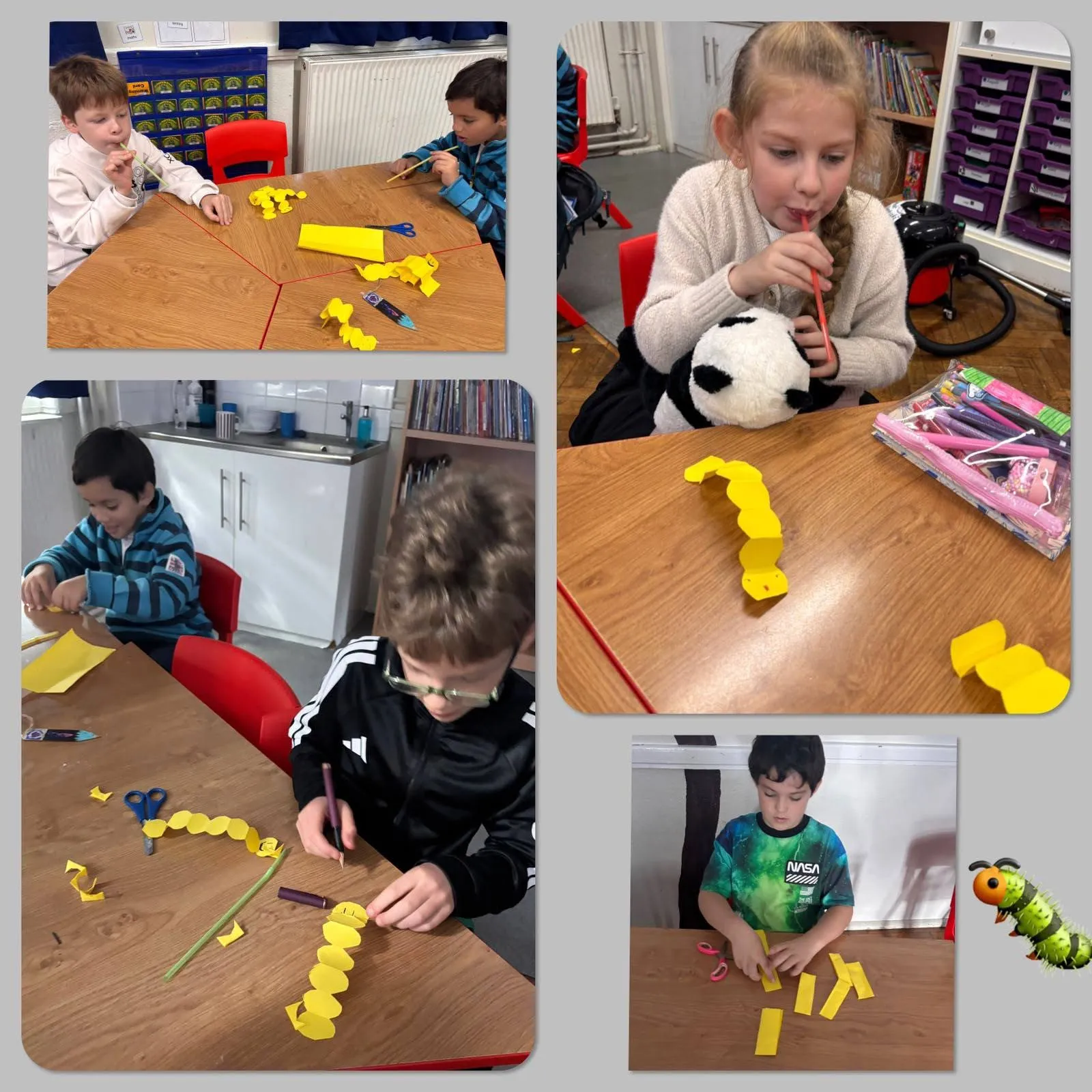 Collage of four shots: children fold paper earthworms, and one pupil blows on hers through a straw.