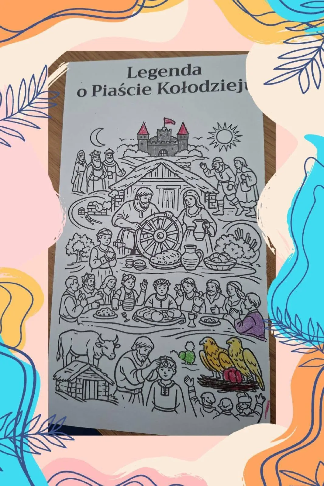 Kolorowanka „Legenda o Piaście Kołodzieju” z zamkiem, kołem, ucztą i scenami z życia dawnej wsi.