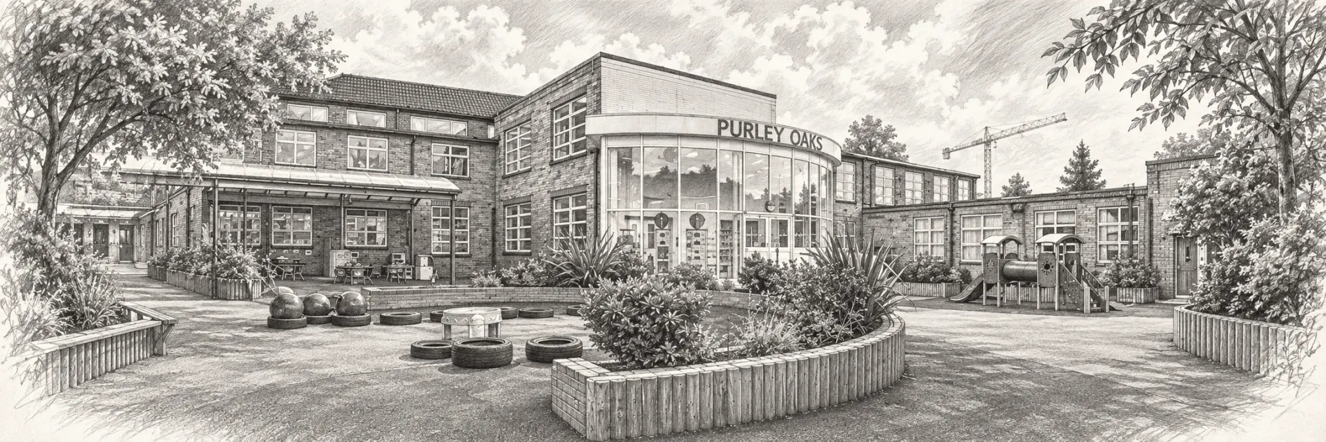 Rysunek ołówkiem budynku Purley Oaks Primary School przy Bynes Road, w którym odbywają się nasze zajęcia — przeszklone wejście, dziedziniec i plac zabaw.